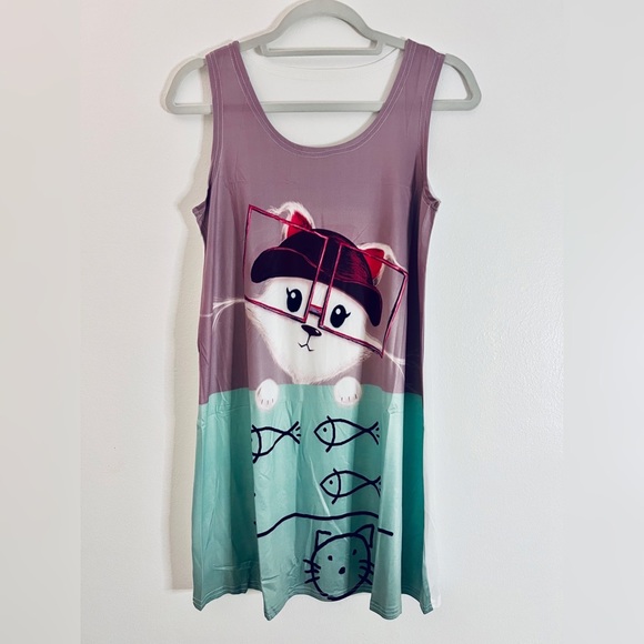 NWT SLEEVELESS CASUAL T-SHIRT A-LINE MINI DRESSES CAT PRINT CREWNECK BEACH TANK - Picture 1 of 8